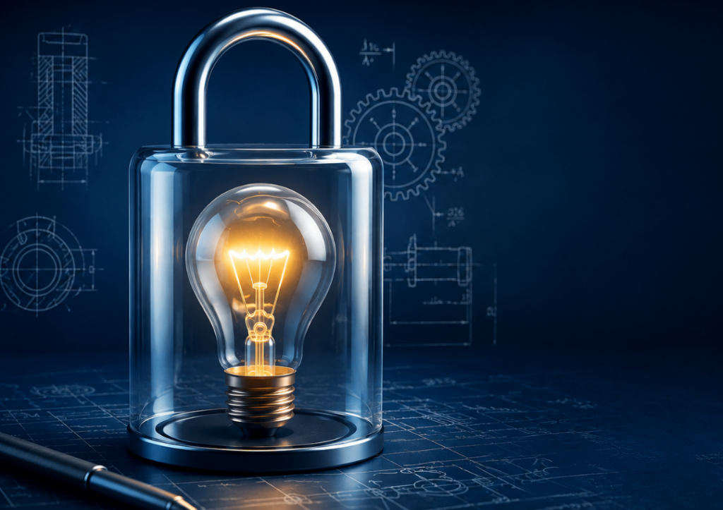 Illustration représentant une ampoule protégée par un cadenas en verre, symbole de la protection d'une invention par un brevet.