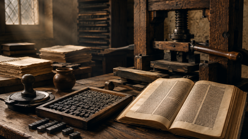 Illustration d'une presse à imprimer de Gutenberg avec des caractères mobiles, un livre ancien et un atelier d'imprimerie du XVe siècle, symbole de la révolution de la diffusion du savoir.